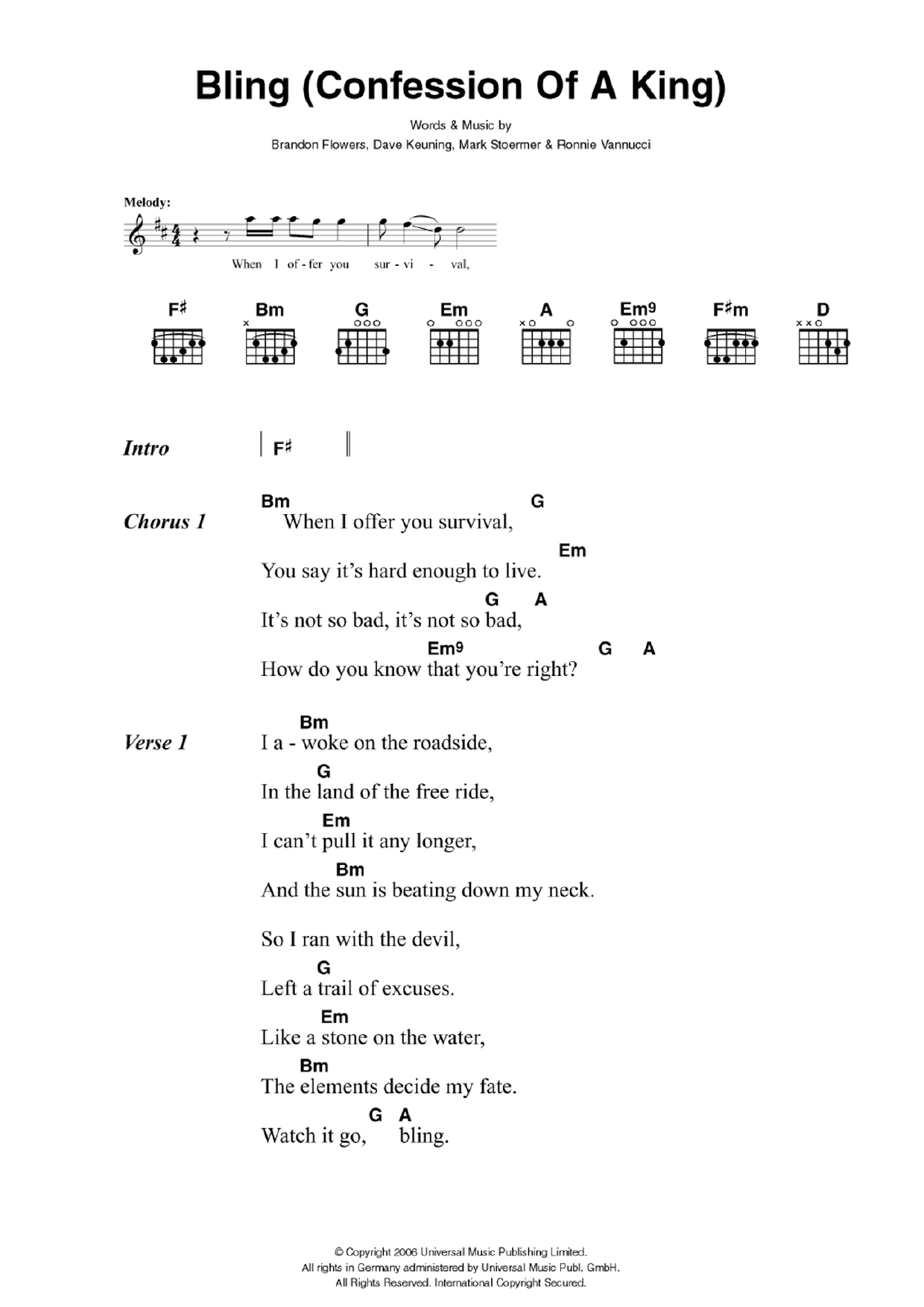 The Killers Bling (Confession Of A King) sheet music notes and chords arranged for Guitar Chords/Lyrics