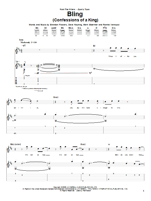 The Killers Bling (Confessions Of A King) sheet music notes and chords arranged for Guitar Tab