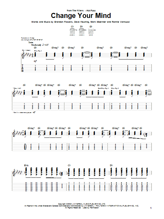 The Killers Change Your Mind sheet music notes and chords arranged for Guitar Tab
