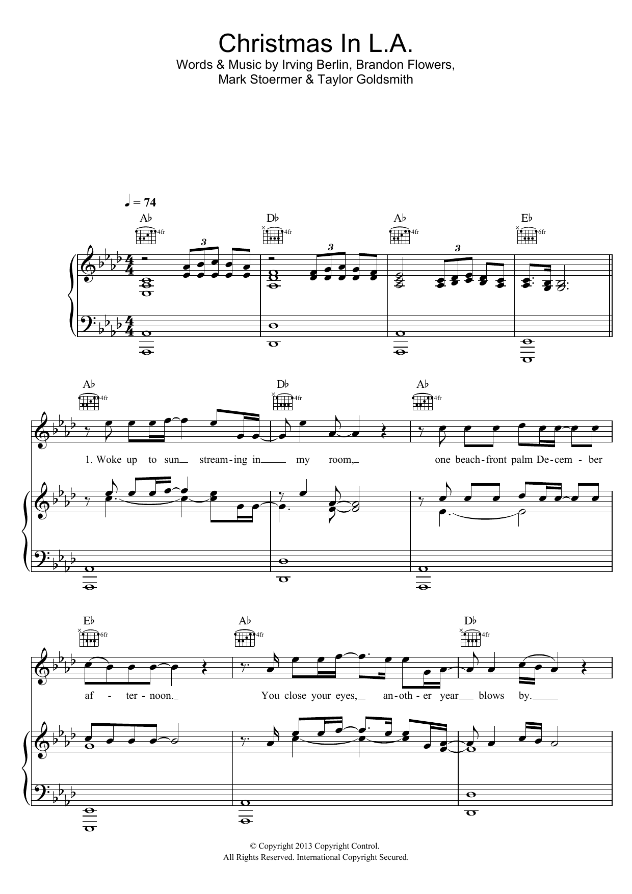 The Killers Christmas In L.A. (featuring Dawes) sheet music notes and chords arranged for Piano, Vocal & Guitar Chords (Right-Hand Melody)