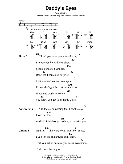 The Killers Daddy's Eyes sheet music notes and chords arranged for Guitar Chords/Lyrics