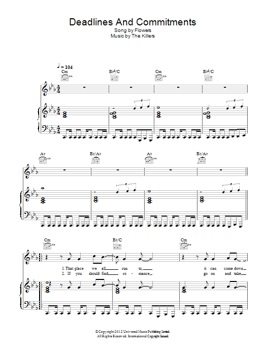 The Killers Deadlines And Commitments sheet music notes and chords arranged for Piano, Vocal & Guitar Chords