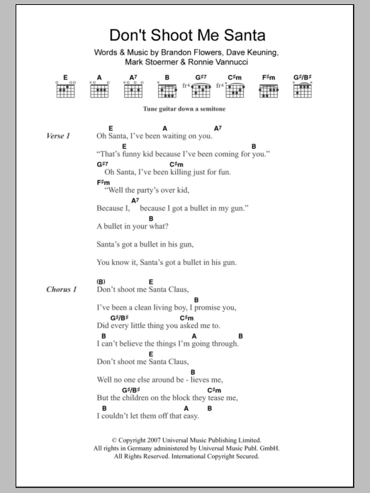 The Killers Don't Shoot Me Santa sheet music notes and chords arranged for Piano Chords/Lyrics