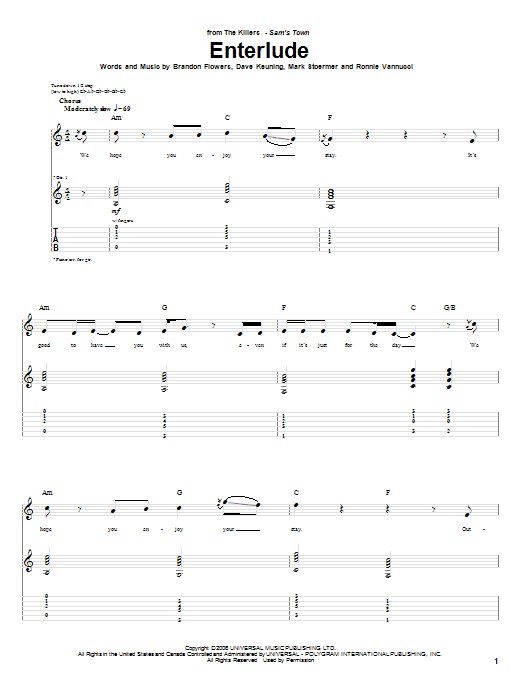 The Killers Enterlude sheet music notes and chords arranged for Guitar Tab