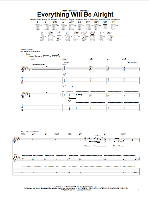 The Killers Everything Will Be Alright sheet music notes and chords arranged for Guitar Chords/Lyrics