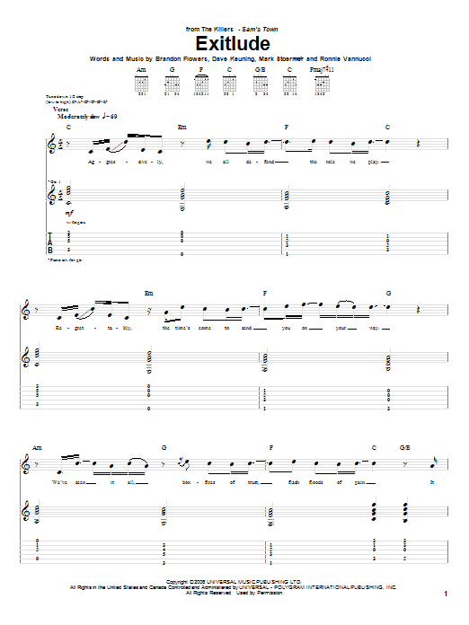 The Killers Exitlude sheet music notes and chords arranged for Guitar Chords/Lyrics