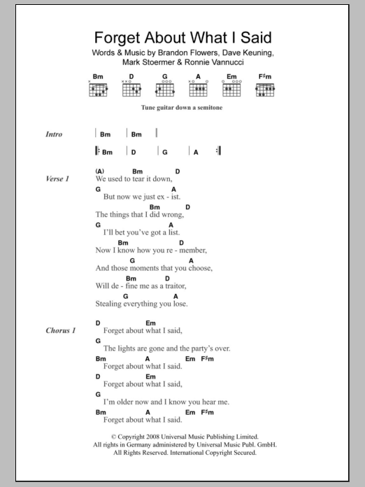 The Killers Forget About What I Said sheet music notes and chords arranged for Guitar Chords/Lyrics