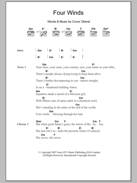 The Killers Four Winds sheet music notes and chords arranged for Guitar Chords/Lyrics