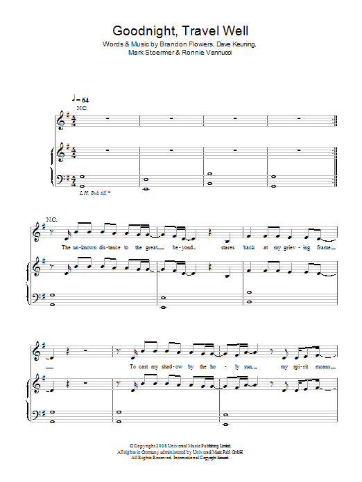 The Killers Goodnight Travel Well sheet music notes and chords arranged for Piano, Vocal & Guitar Chords