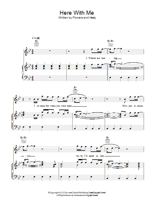 The Killers Here With Me sheet music notes and chords arranged for Piano, Vocal & Guitar Chords