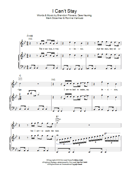 The Killers I Can't Stay sheet music notes and chords arranged for Guitar Chords/Lyrics