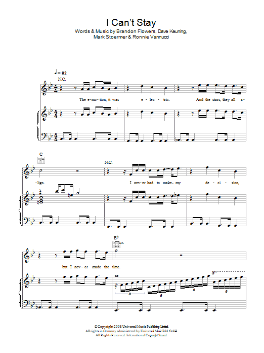 The Killers I Can't Stay sheet music notes and chords arranged for Piano, Vocal & Guitar Chords