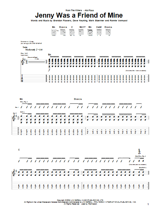 The Killers Jenny Was A Friend Of Mine sheet music notes and chords arranged for Guitar Chords/Lyrics