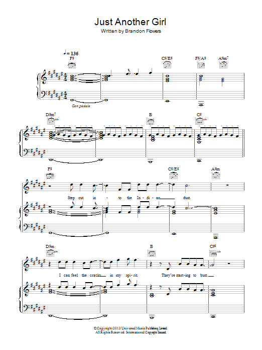 The Killers Just Another Girl sheet music notes and chords arranged for Piano, Vocal & Guitar Chords