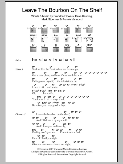 The Killers Leave The Bourbon On The Shelf sheet music notes and chords arranged for Guitar Chords/Lyrics
