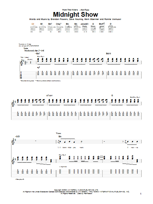 The Killers Midnight Show sheet music notes and chords arranged for Guitar Chords/Lyrics