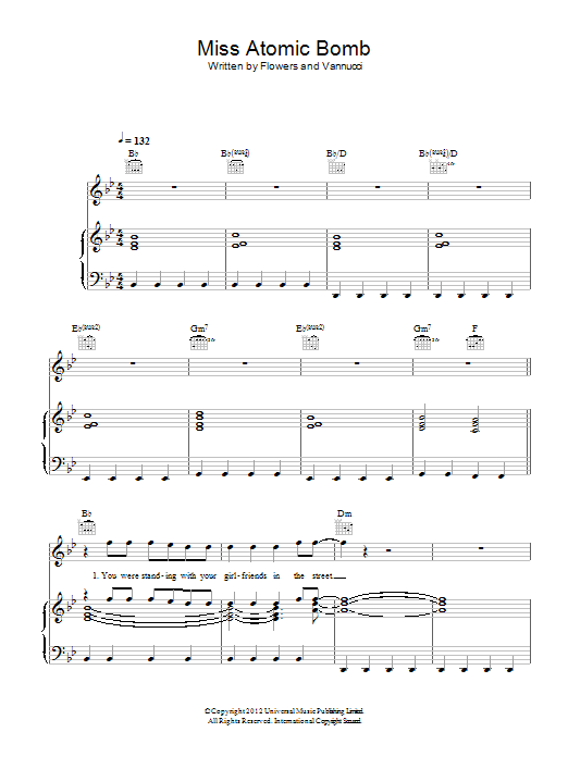 The Killers Miss Atomic Bomb sheet music notes and chords arranged for Piano, Vocal & Guitar Chords