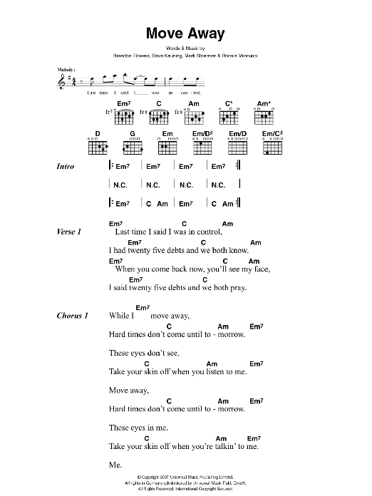 The Killers Move Away sheet music notes and chords arranged for Guitar Chords/Lyrics