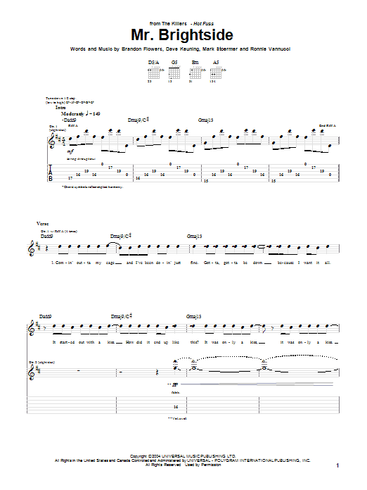 The Killers Mr. Brightside sheet music notes and chords arranged for Guitar Tab