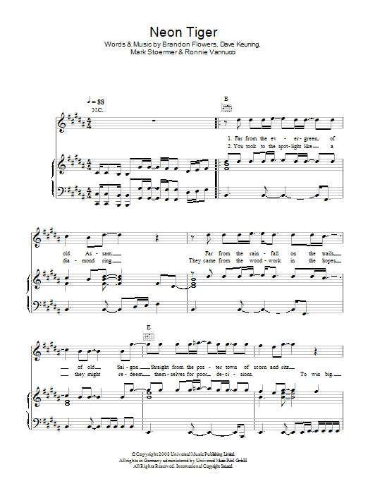 The Killers Neon Tiger sheet music notes and chords arranged for Piano, Vocal & Guitar Chords