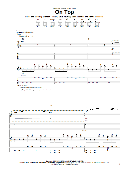 The Killers On Top sheet music notes and chords arranged for Guitar Tab