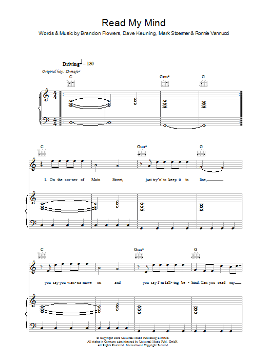 The Killers Read My Mind sheet music notes and chords arranged for Guitar Chords/Lyrics