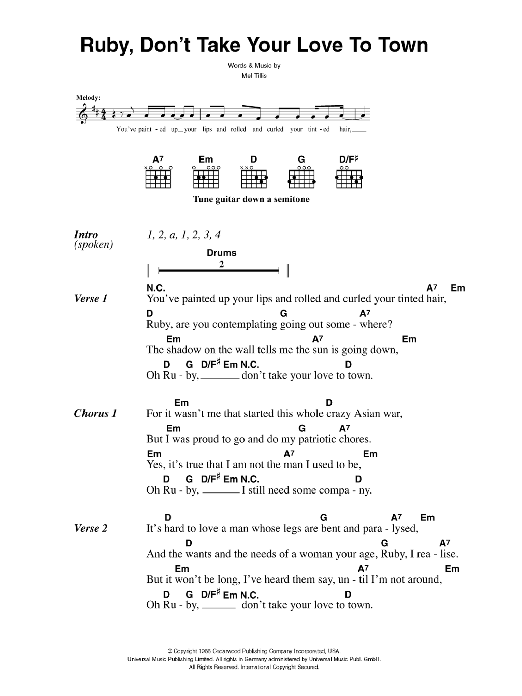 The Killers Ruby, Don't Take Your Love To Town sheet music notes and chords arranged for Guitar Chords/Lyrics