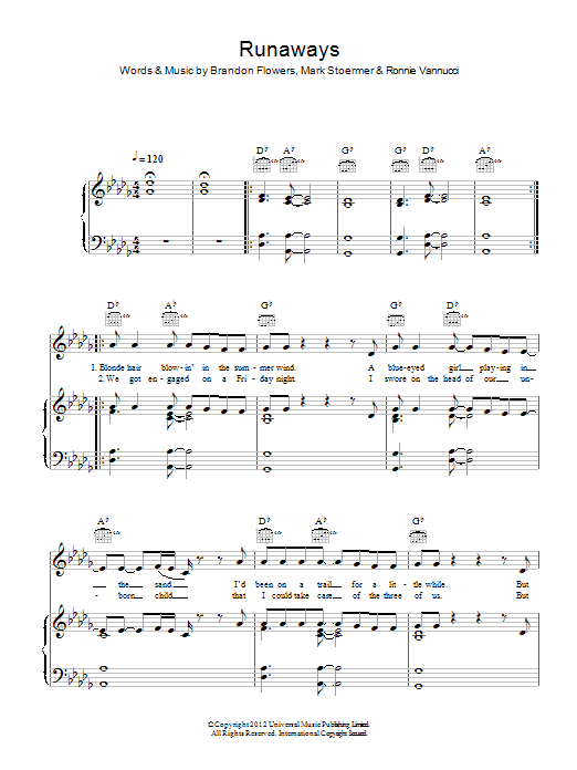 The Killers Runaways sheet music notes and chords arranged for Piano, Vocal & Guitar Chords