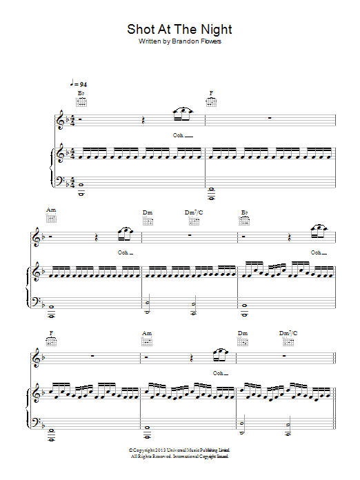 The Killers Shot At The Night sheet music notes and chords arranged for Piano, Vocal & Guitar Chords
