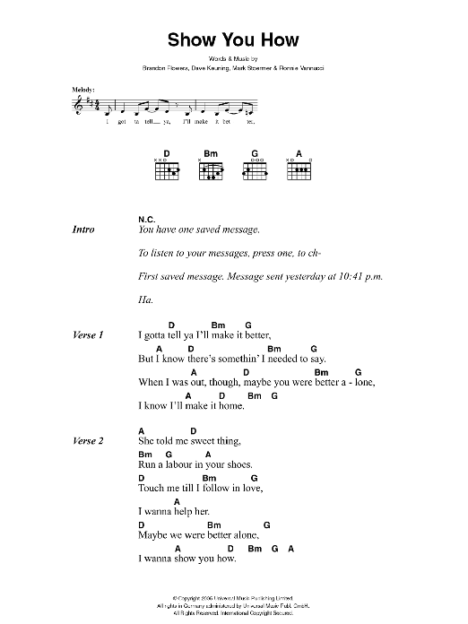 The Killers Show You How sheet music notes and chords arranged for Guitar Chords/Lyrics