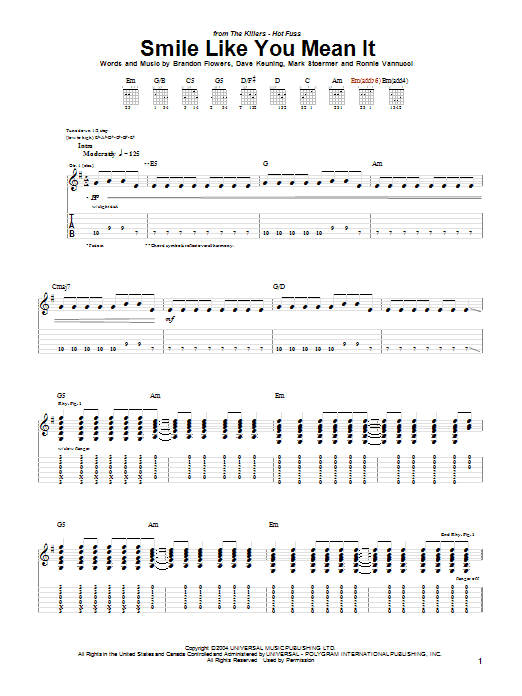 The Killers Smile Like You Mean It sheet music notes and chords arranged for Guitar Chords/Lyrics