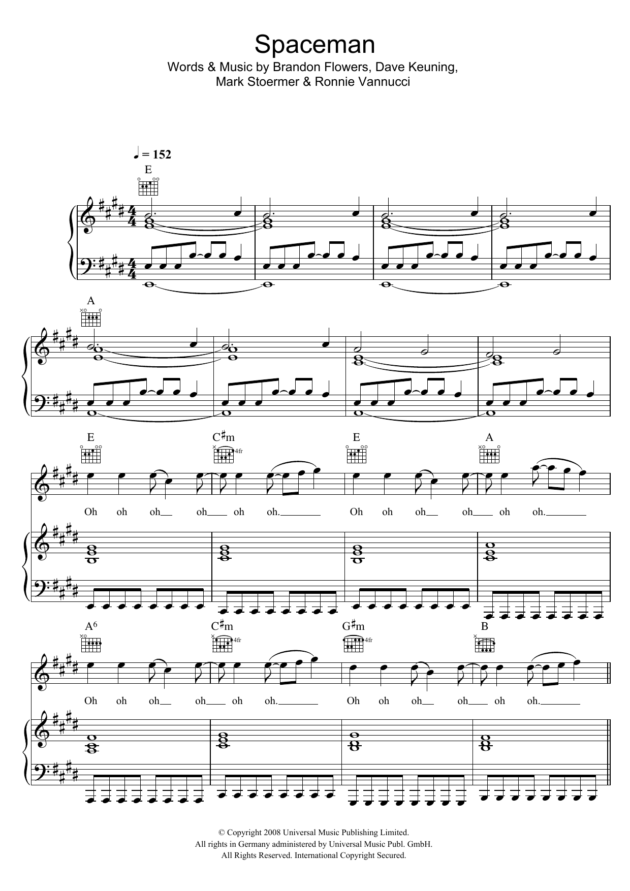 The Killers Spaceman sheet music notes and chords arranged for Guitar Chords/Lyrics