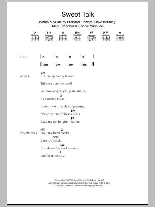 The Killers Sweet Talk sheet music notes and chords arranged for Guitar Chords/Lyrics