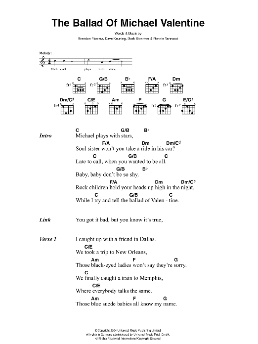 The Killers The Ballad Of Michael Valentine sheet music notes and chords arranged for Guitar Chords/Lyrics