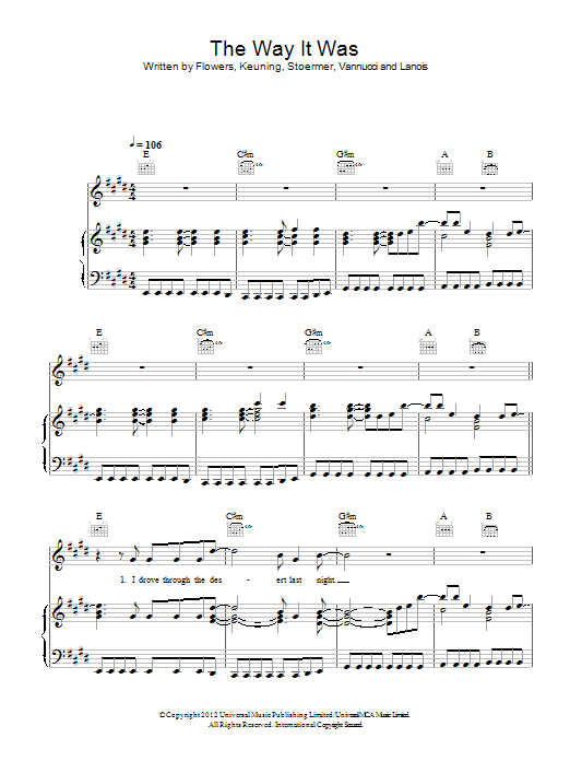 The Killers The Way It Was sheet music notes and chords arranged for Piano, Vocal & Guitar Chords