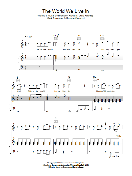 The Killers The World We Live In sheet music notes and chords arranged for Piano, Vocal & Guitar Chords