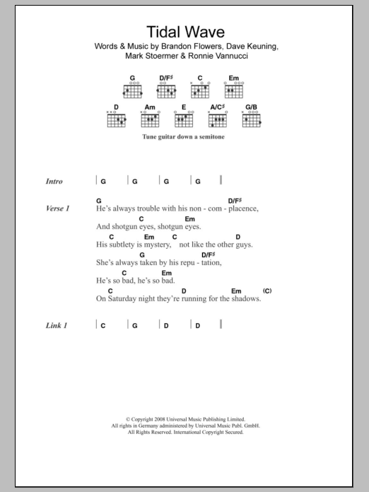 The Killers Tidal Wave sheet music notes and chords arranged for Guitar Chords/Lyrics