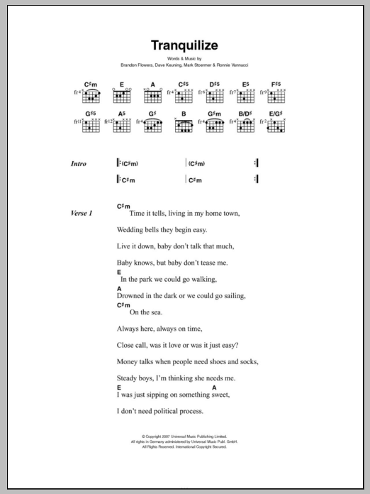 The Killers Tranquilize sheet music notes and chords arranged for Guitar Chords/Lyrics
