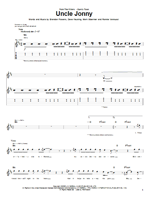 The Killers Uncle Jonny sheet music notes and chords arranged for Guitar Chords/Lyrics