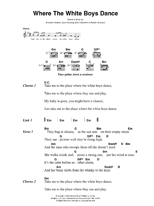 The Killers Where The White Boys Dance sheet music notes and chords arranged for Guitar Chords/Lyrics