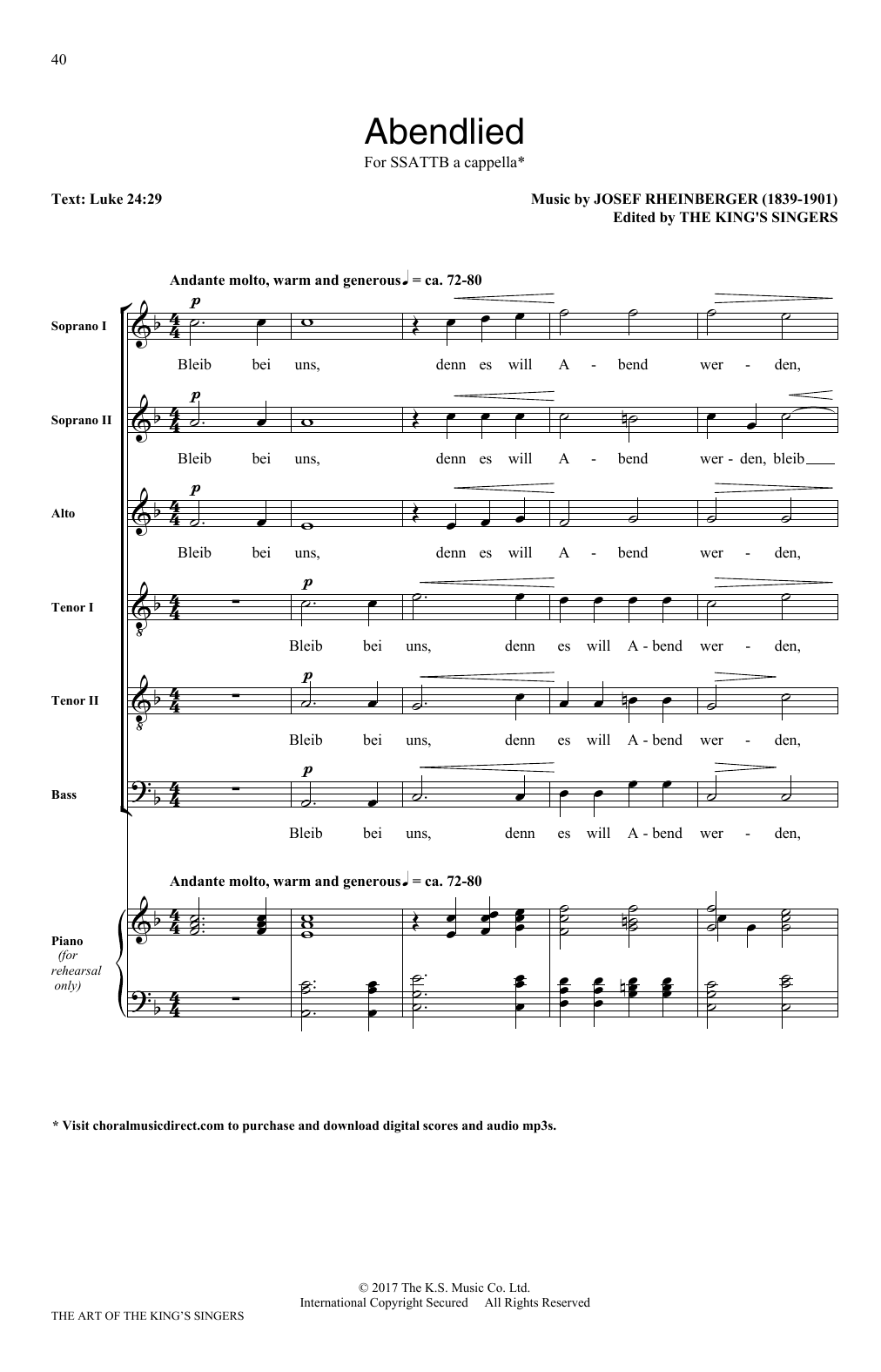 The King's Singers Abendlied sheet music notes and chords arranged for SATB Choir