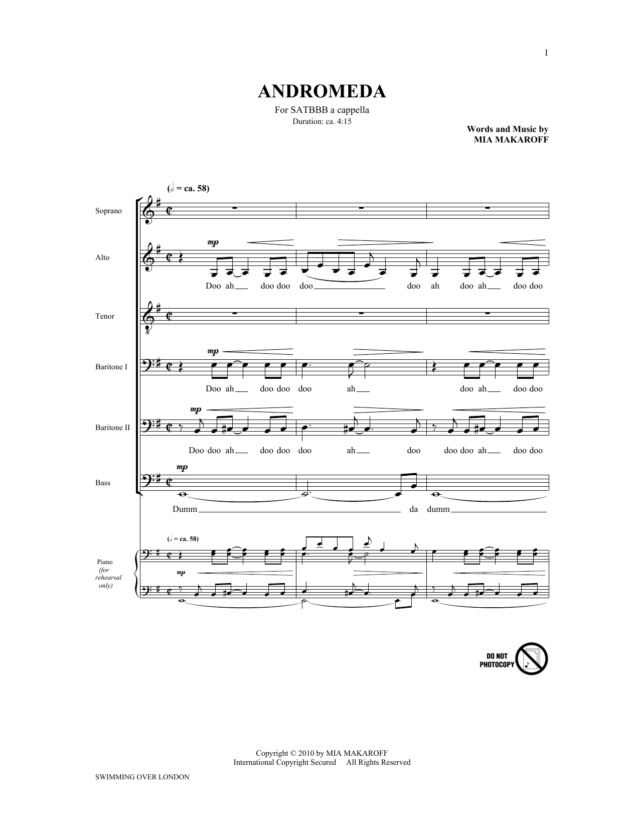 The King's Singers Andromeda (from Swimming Over London) sheet music notes and chords arranged for SATB Choir