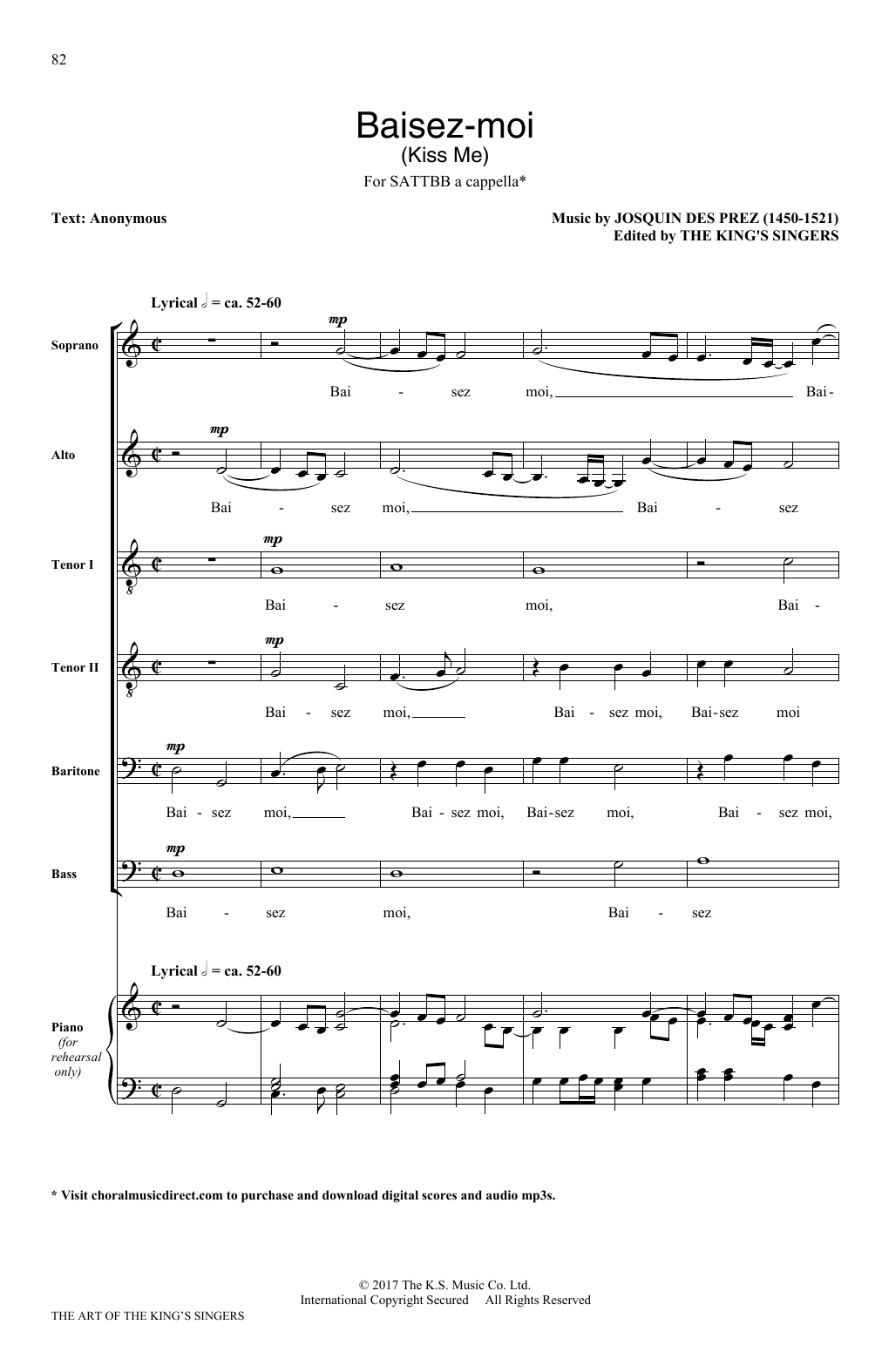 The King's Singers Baisez-moi (Kiss Me) sheet music notes and chords arranged for SATB Choir