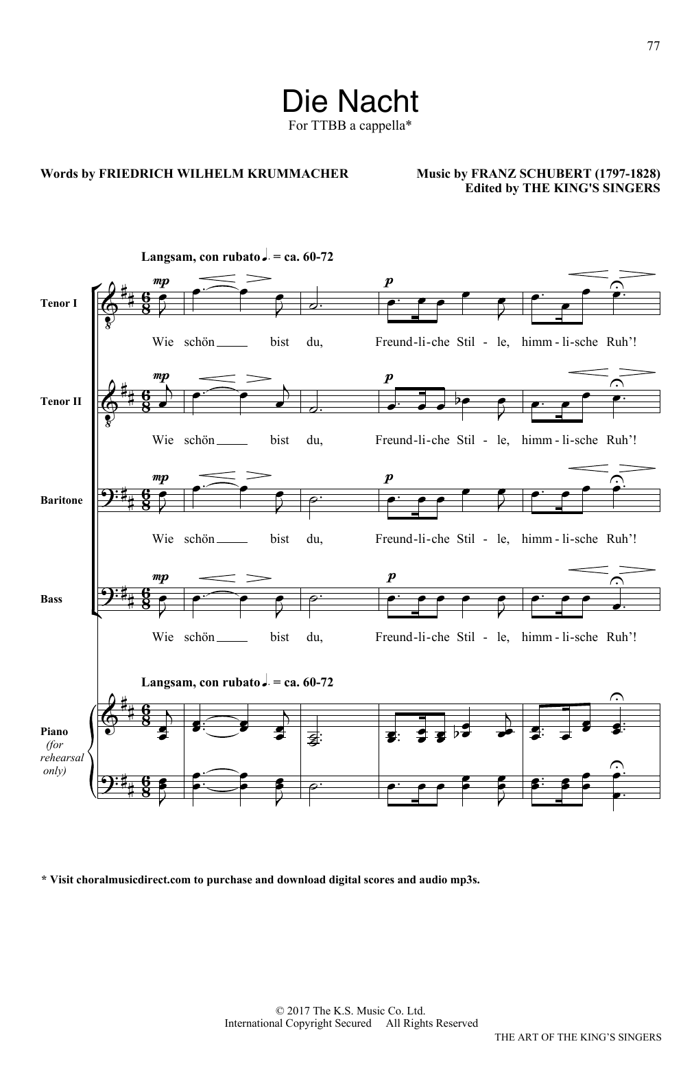 The King's Singers Die Nacht sheet music notes and chords arranged for SATB Choir