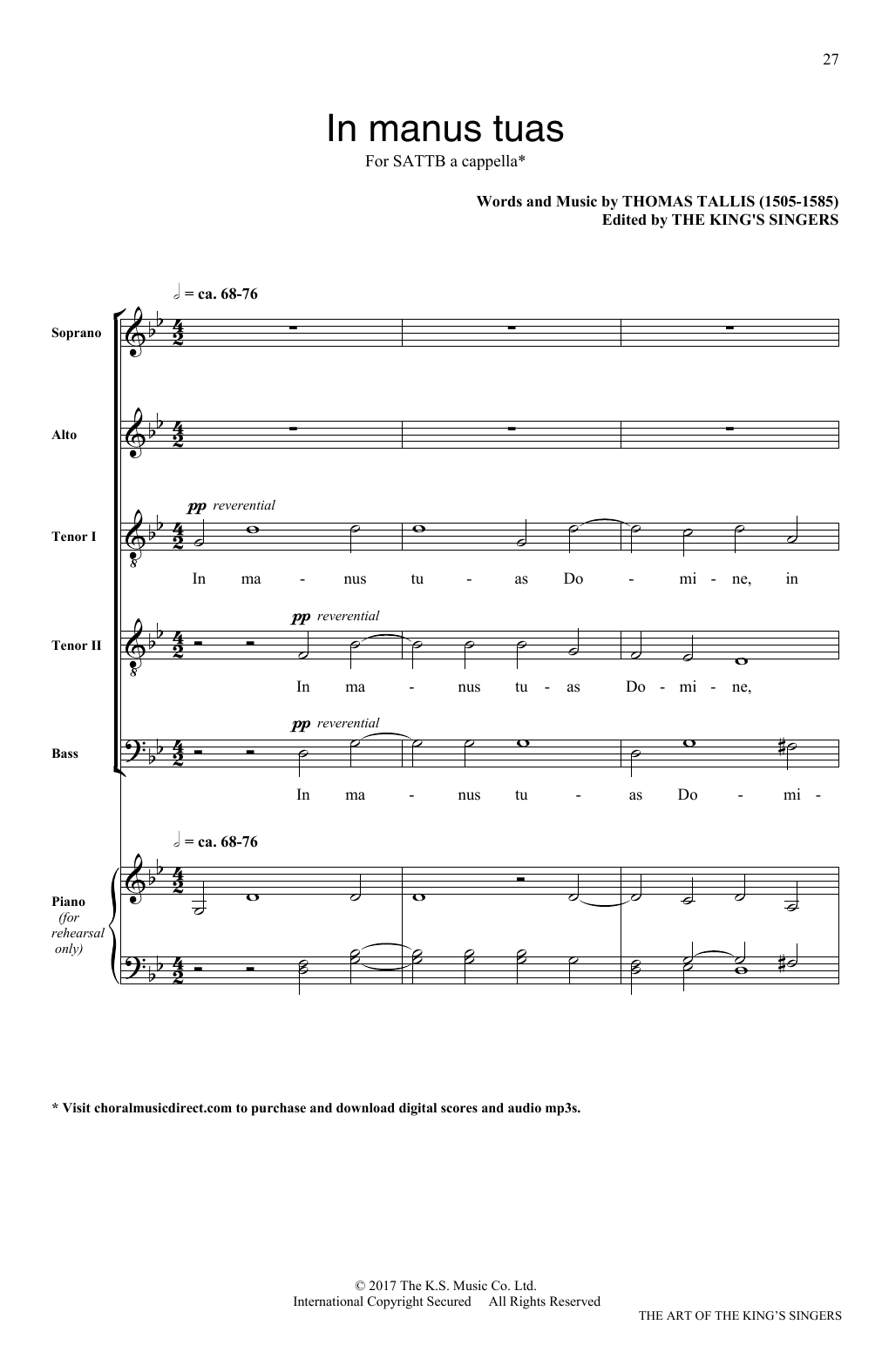 The King's Singers In Manus Tuas sheet music notes and chords arranged for SATB Choir