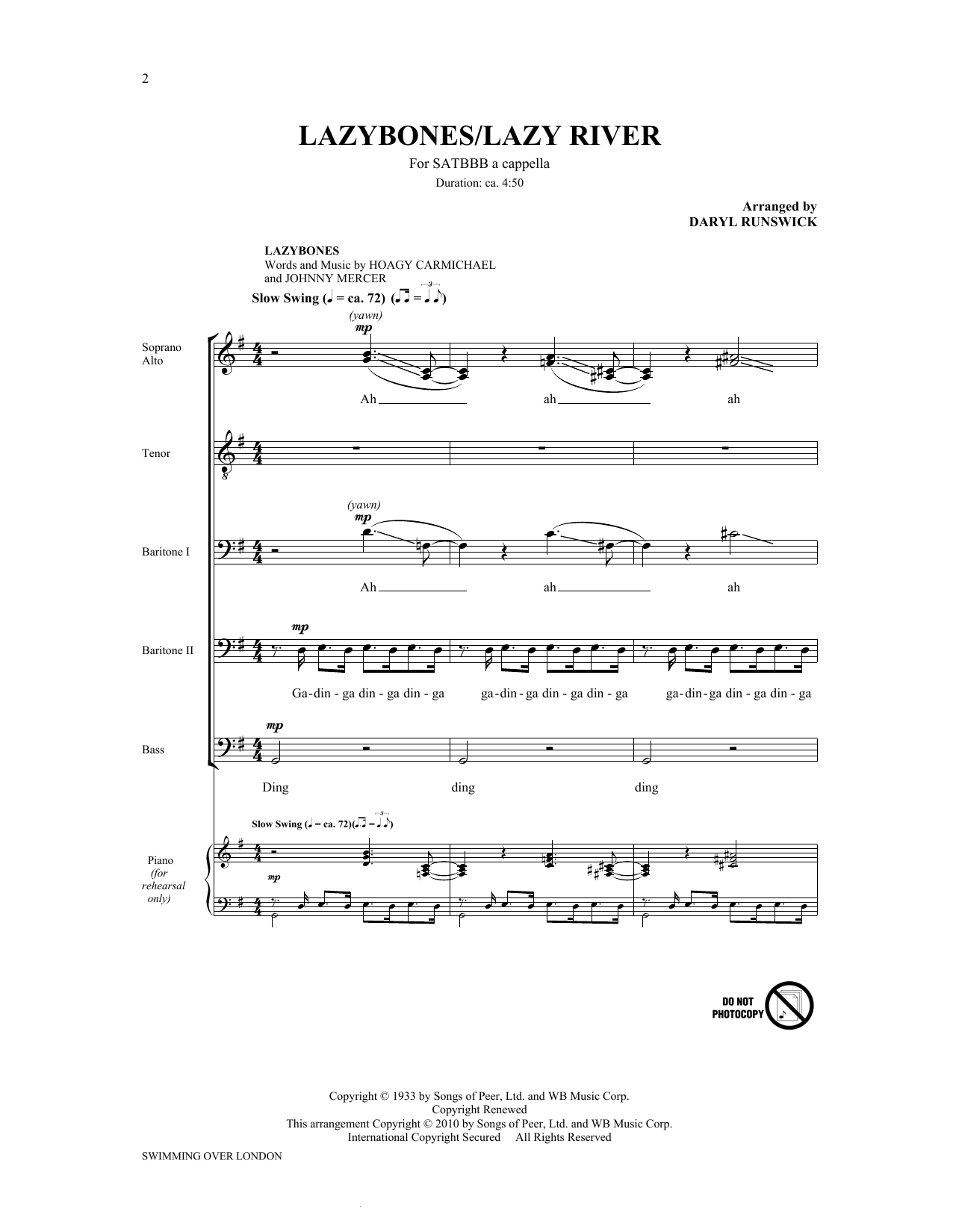 The King's Singers Lazybones/Lazy River (from Swimming Over London) sheet music notes and chords arranged for SATB Choir