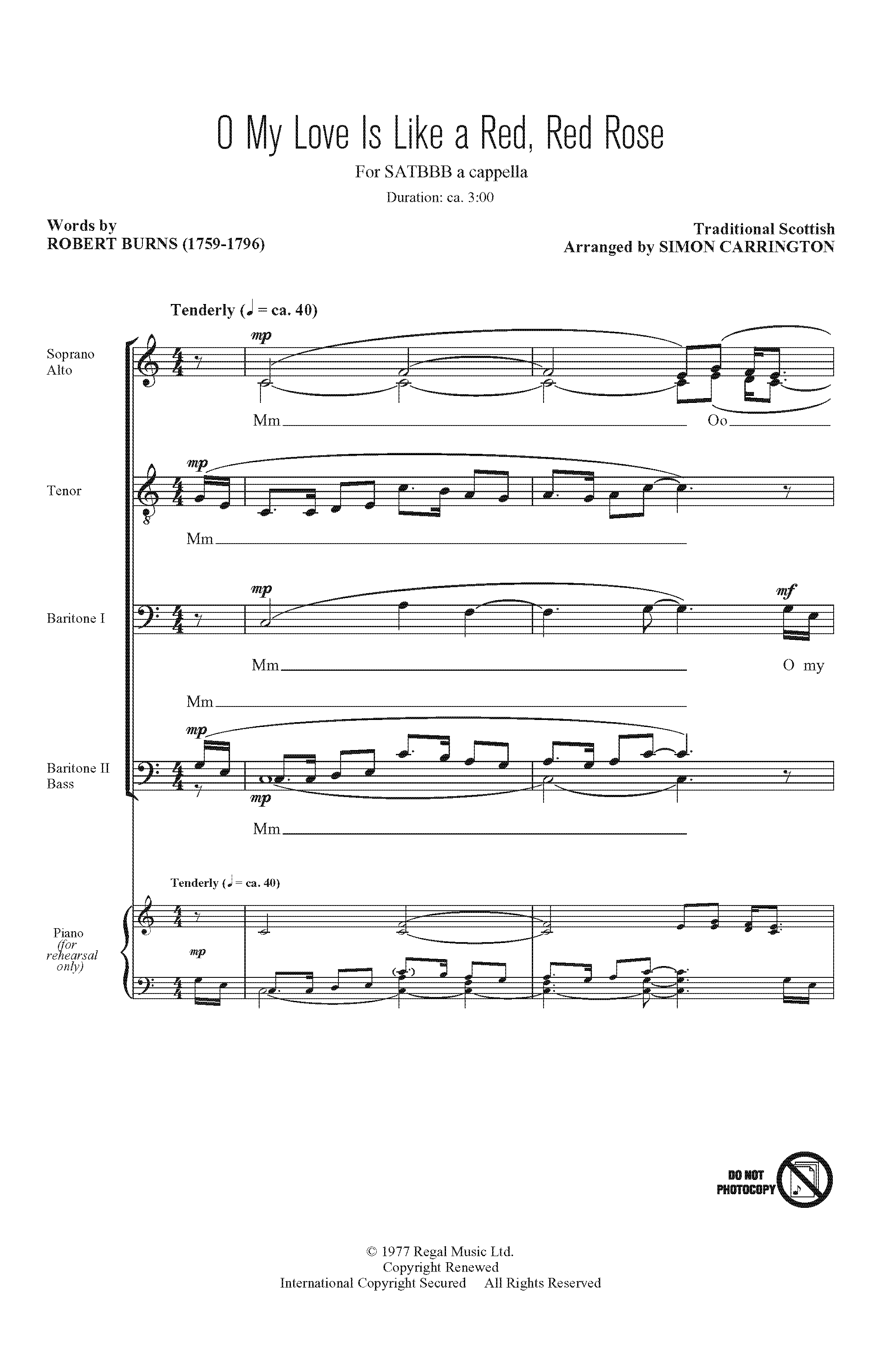 Simon Carrington O My Love Is Like A Red, Red Rose sheet music notes and chords arranged for SATB Choir