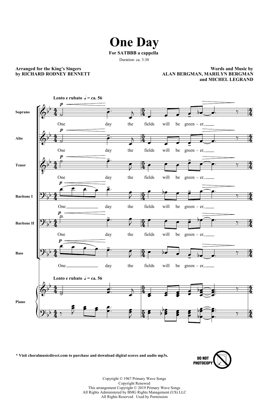 The King's Singers One Day (arr. Richard Rodney Bennett) sheet music notes and chords arranged for SATB Choir
