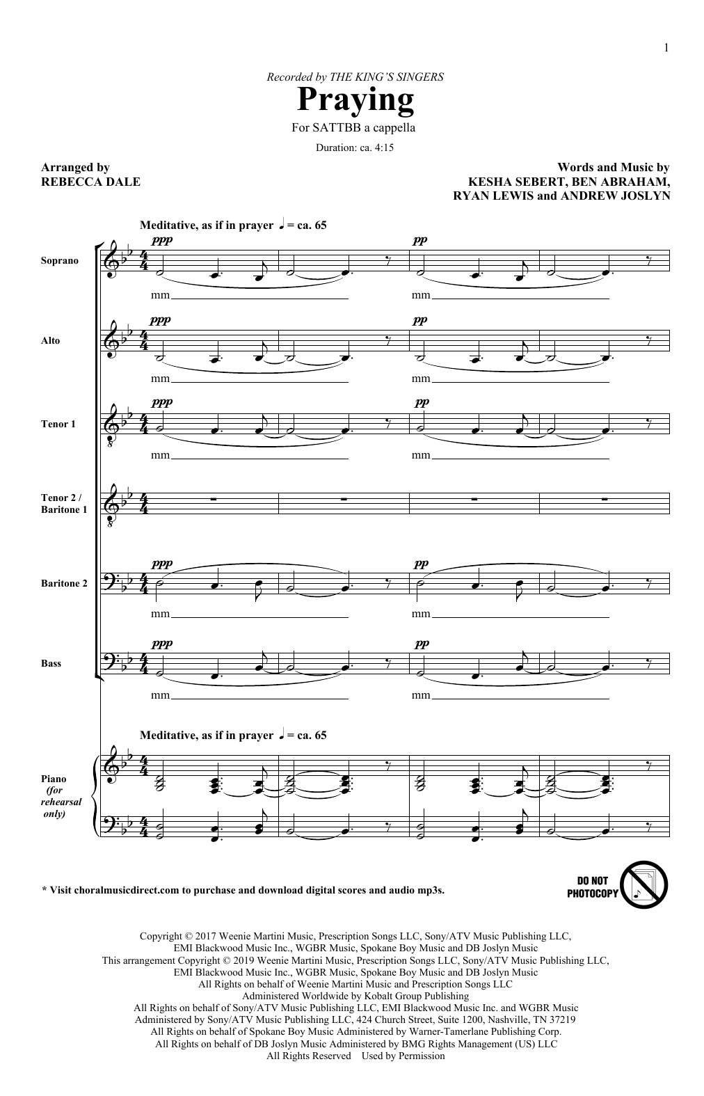 The King's Singers Praying (arr. Rebecca Dale) sheet music notes and chords arranged for SATB Choir