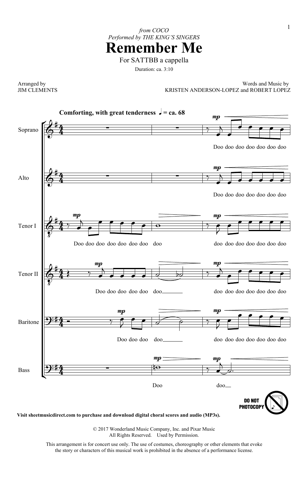 Kristen Anderson-Lopez & Robert Lopez Remember Me (Ernesto de la Cruz) (from Coco) (arr. Jim Clements) sheet music notes and chords arranged for SATTBB Choir